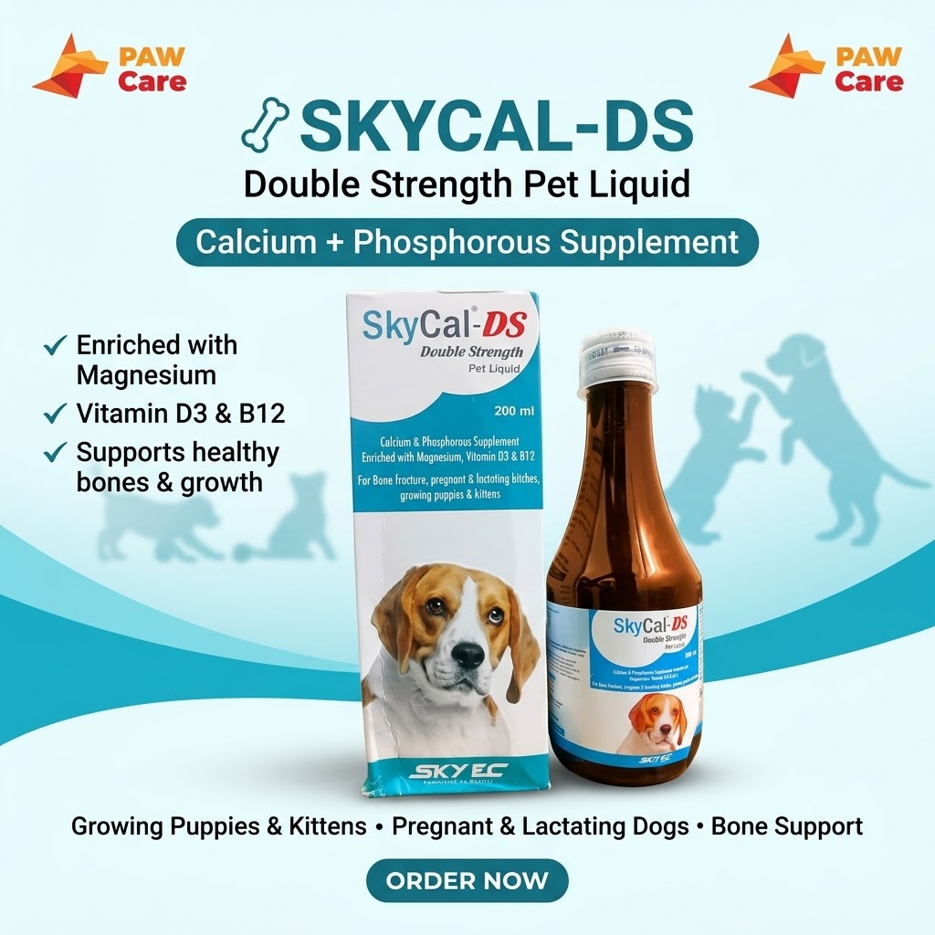 SkyCal-DS Pet Syrups a double-strength calcium, phosphorus, and multi-vitamin supplement designed to support the skeletal system and overall growth in dogs and cats.
